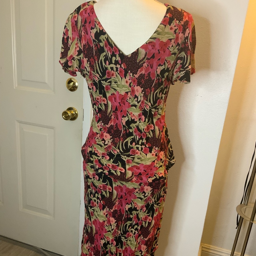 lola Black Maxi Dress with Pink Floral and Green Leaves - Vintage